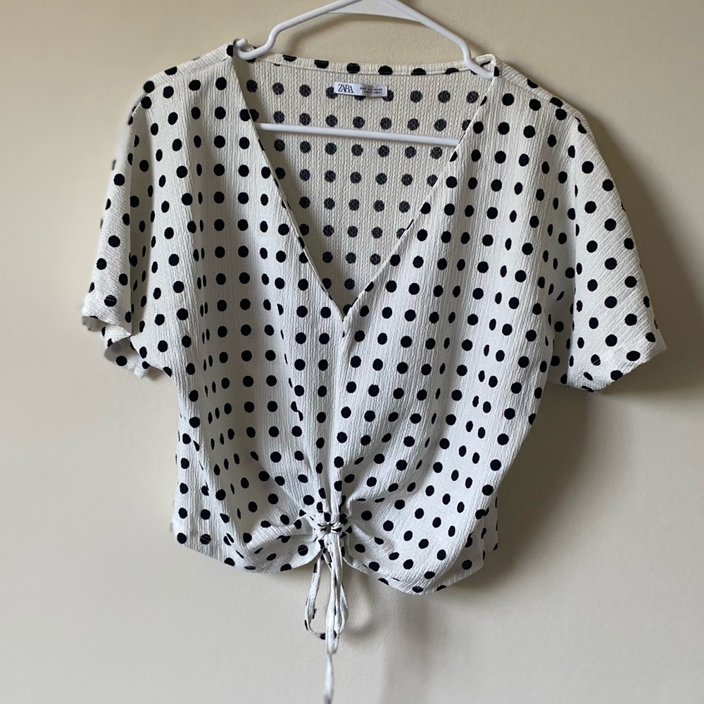 Zara Black and White Polka Dot Cropped Blouse